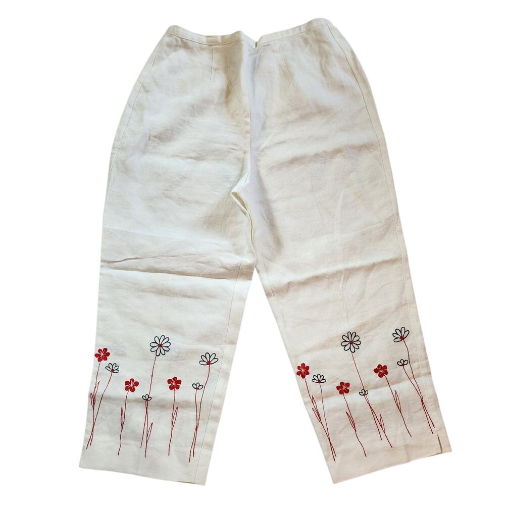 Norton McNaughton Womens Crop Linen Pants Size PS Petite White Floral Embroidery